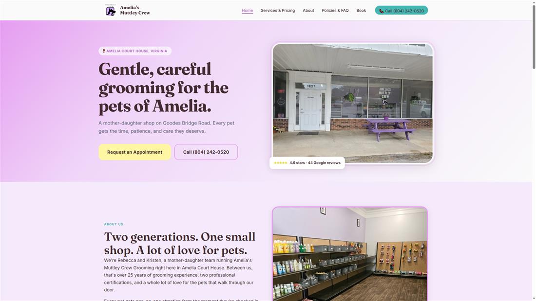 Amelia's Muttley Crew Grooming website homepage